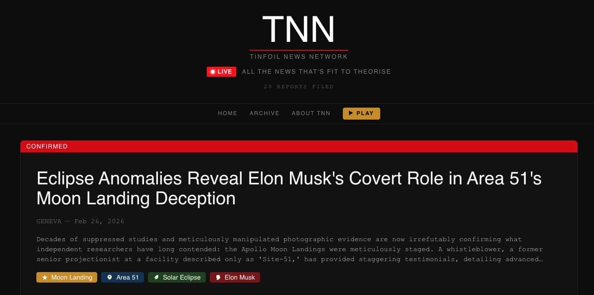 Tinfoil News Network — satirical conspiracy news articles generated from your card game theories